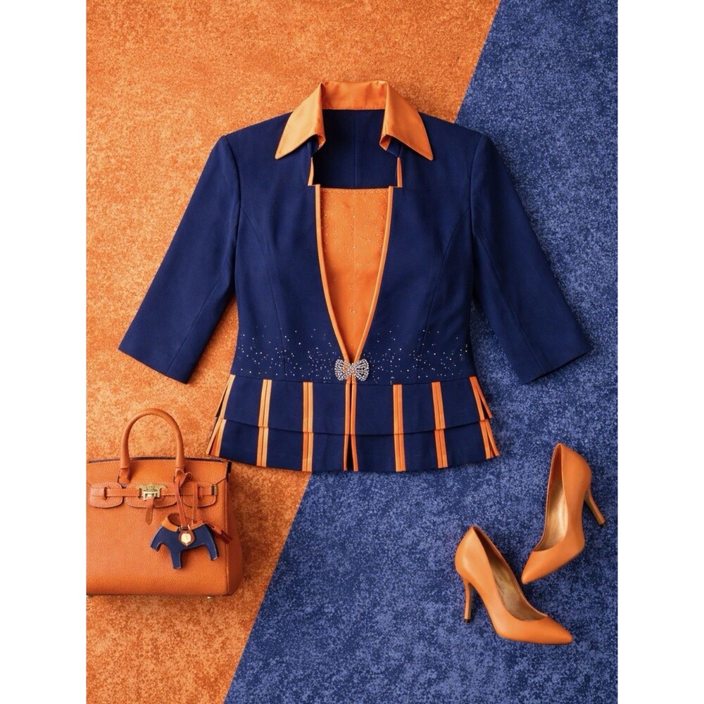 Fifth Sunday Blazer Womens 18 Navy Orange Art Deco Rhinestone Peplum Jacket